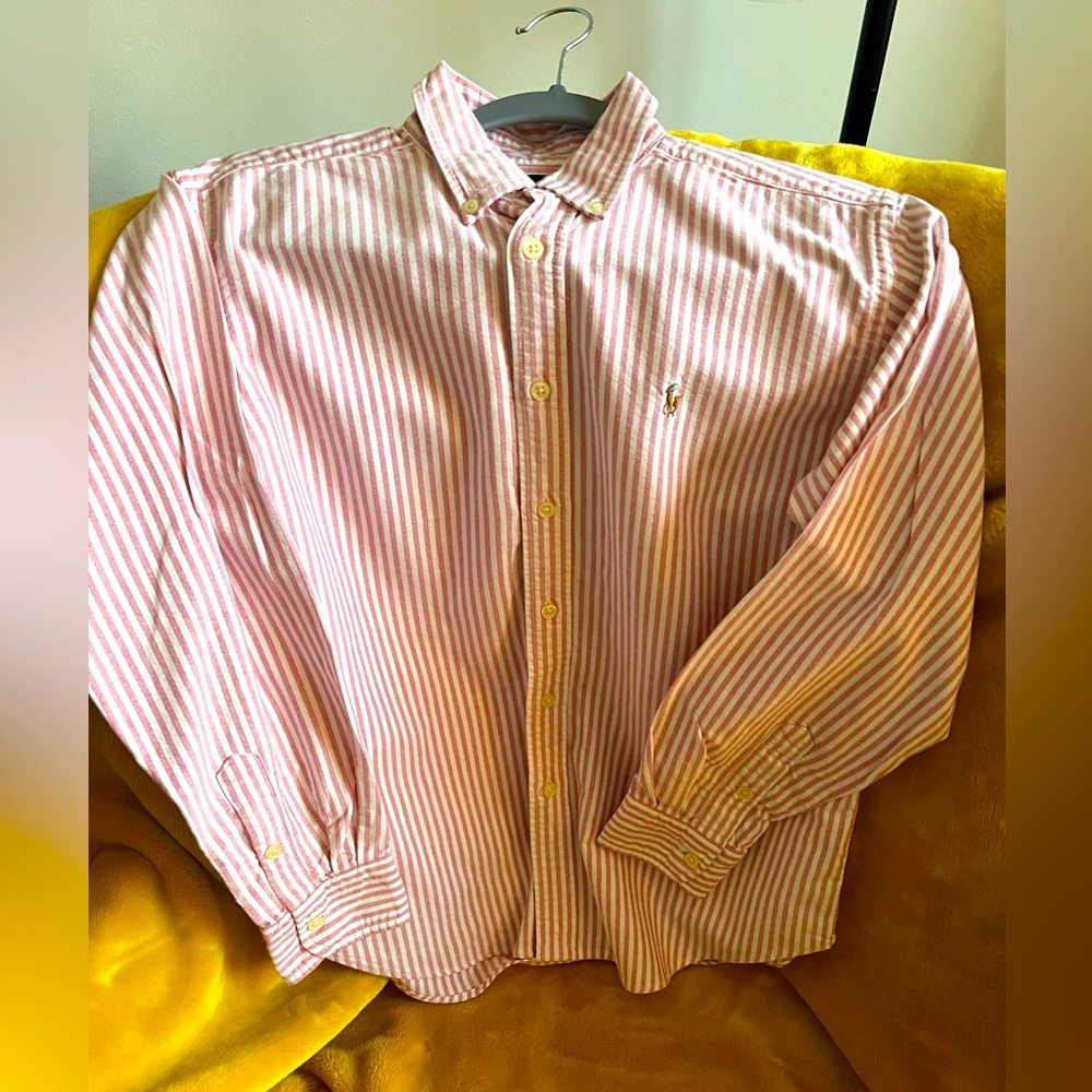 Boys button down muted red striped shirt size M Ralph Lauren